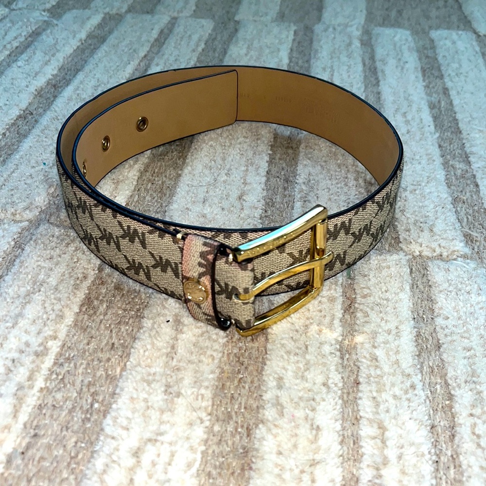 Michael Kors MK brown and beige logo belt